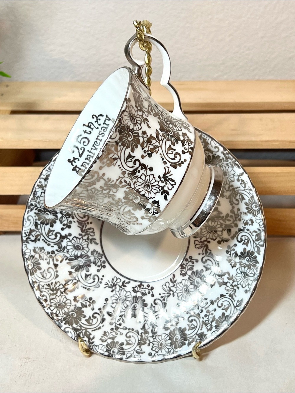 Royal Windsor Silver 25th Anniversary Teacup & Saucer | B&W Floral | Silver Trim